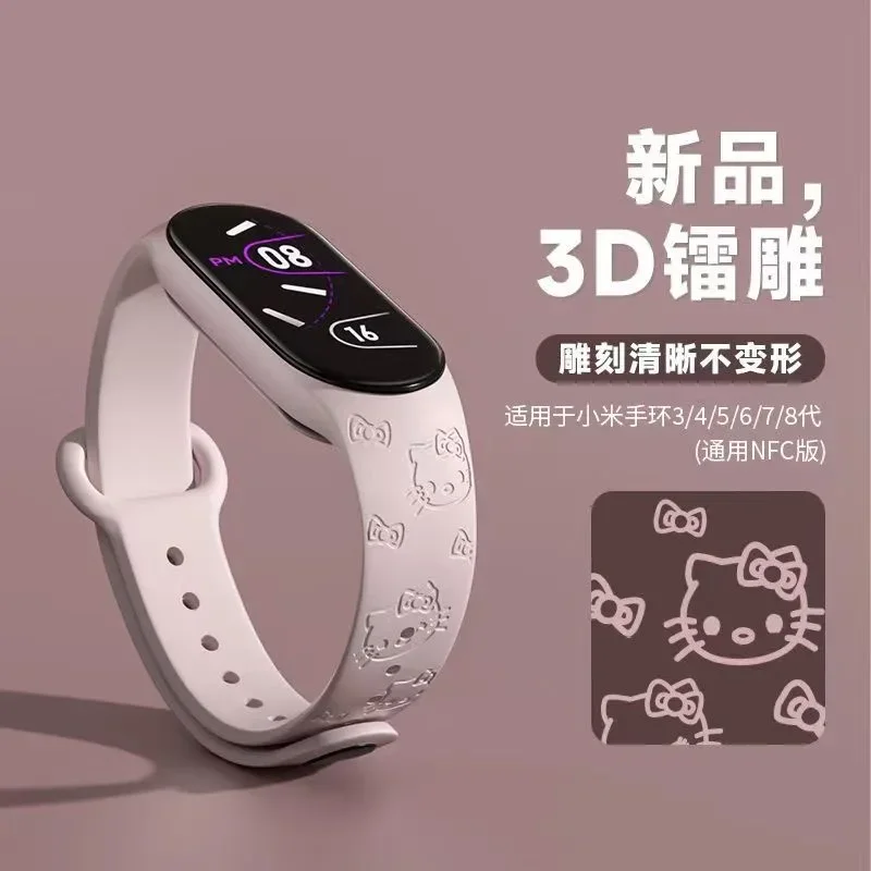 Hello Kitty 3D Carve Strap for Xiaomi Mi Band 3 4 5 6 7 8 Bracelet Silicone Printing Sport Smartwatch Replacement Wristband