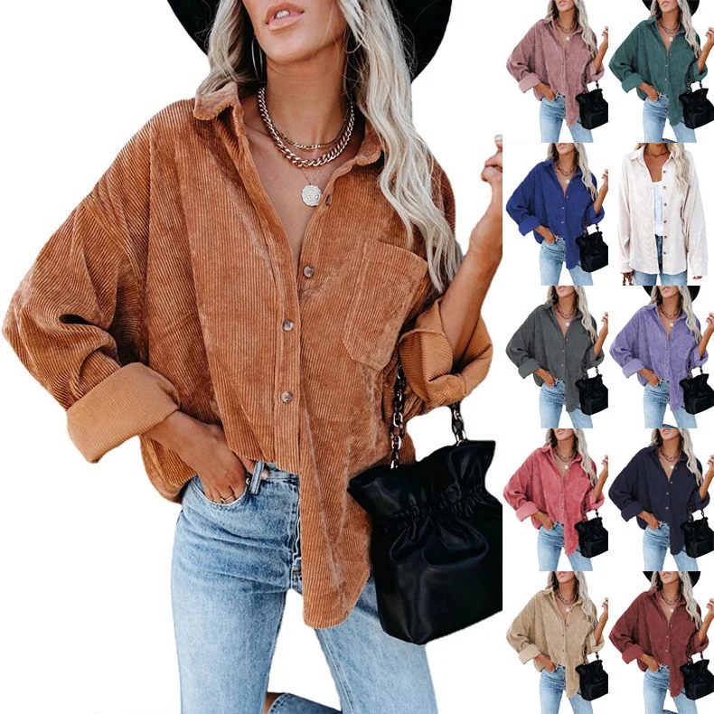 Womens Shirts Corduroy Shirt Flip Collar Button Casual Women's Top Retro Style Classic Blouses M
