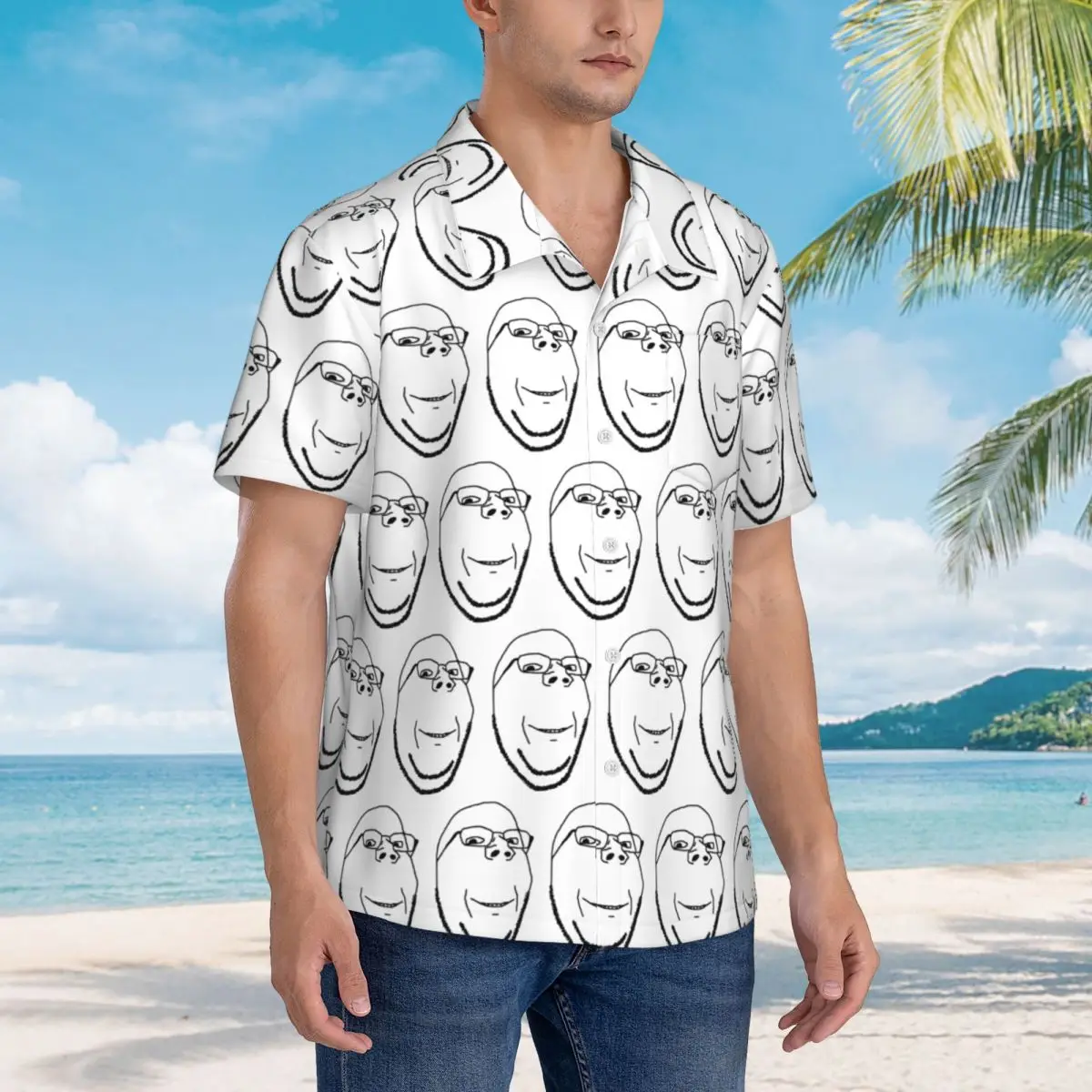 Smiling Wholesome Wojak Soyjak Hawaiian Shirts Funny Men Short Sleeve Shirt for Summer Beach Men's Lapel Tops