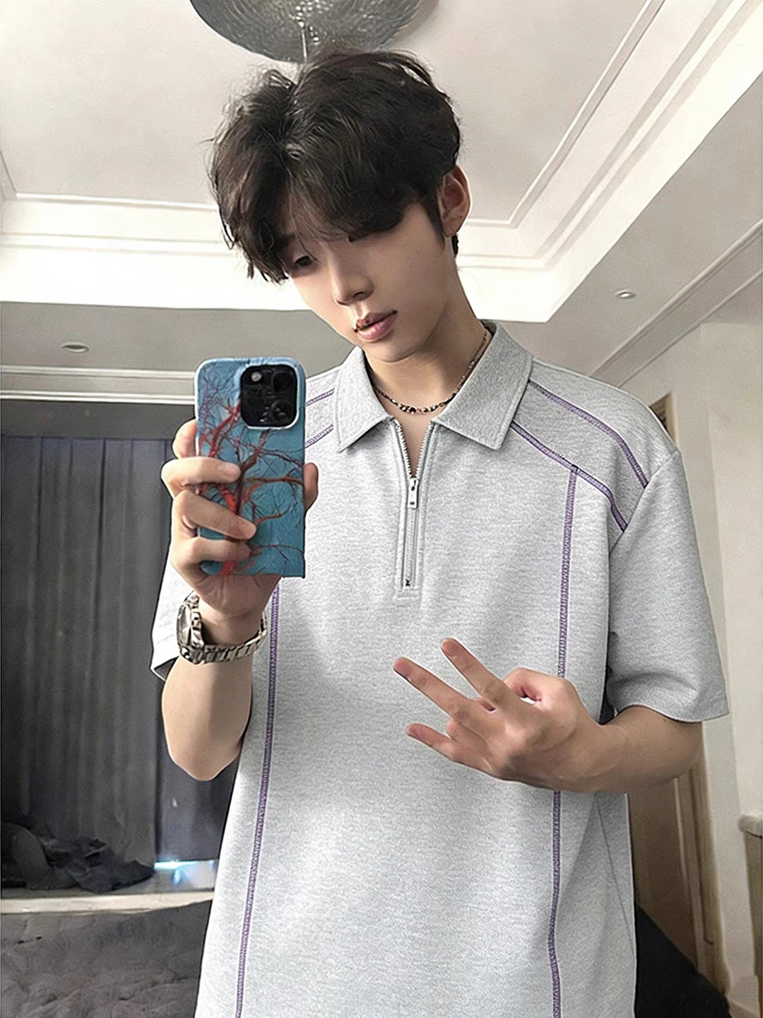 Light Grey American Splice  Shirt Short Sleeve Men Summer American Half Zipper Correct Shoulder T-shirt Handsome Heavy Ha...