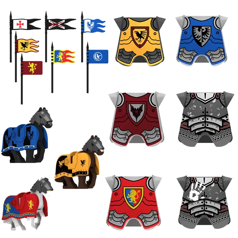 MOC Medieval Red Lion Black Eagle Castle Soldier Knight Horse Mount Building Block Military Figure Vest Armor Flag Toy Gift