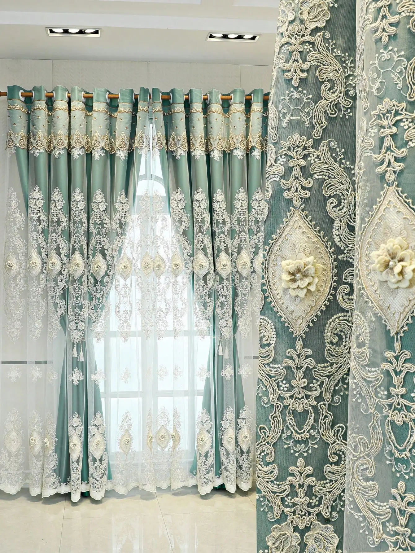 

High quality double layer embroidered curtains, suitable for living room windows,luxurious and elegant bedroom blackout curtains
