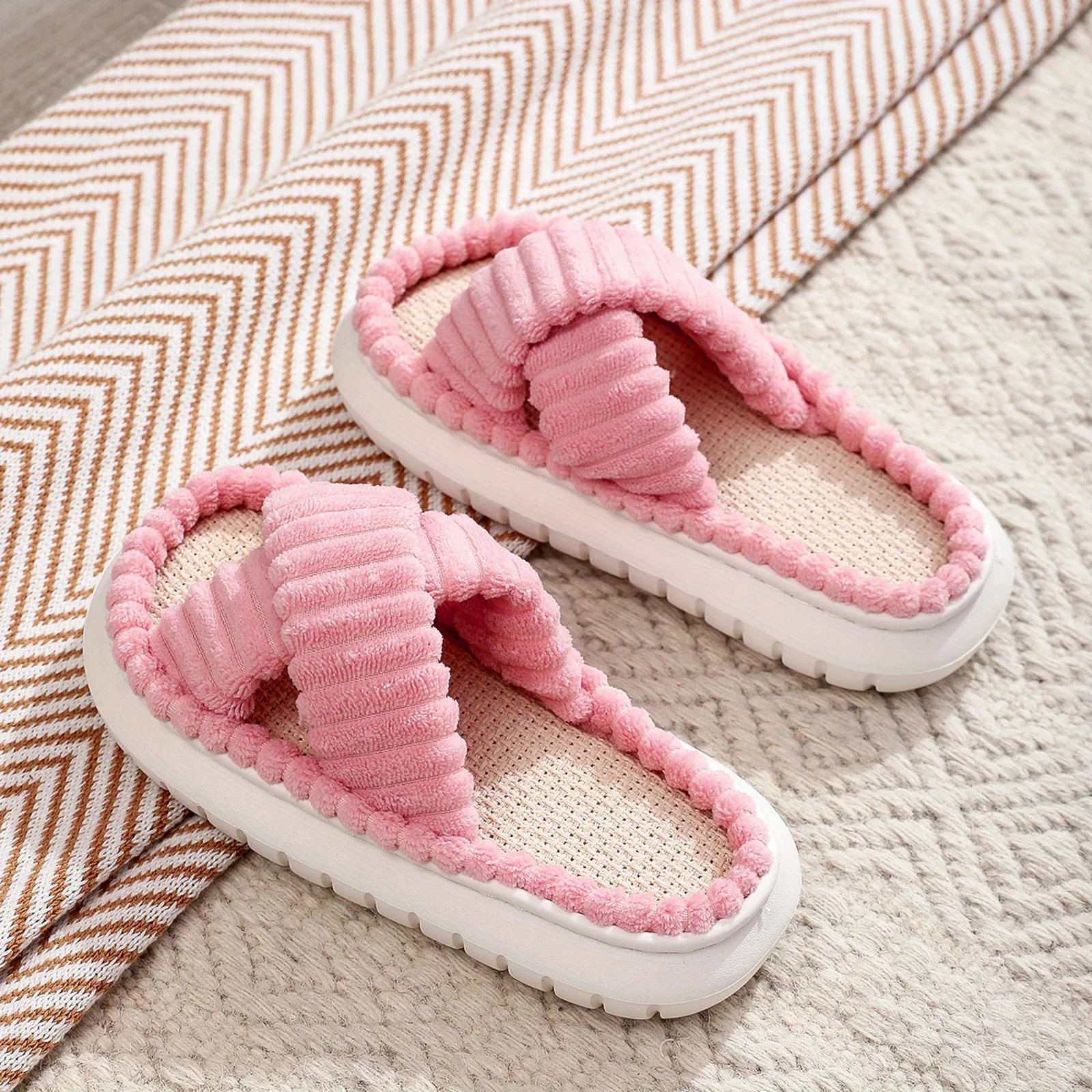 New Solid Color Casual Thick-soled Peep Toe Towel Slippers Women's Plus Size One Word Plush Cotton Platform Home mule Clogs