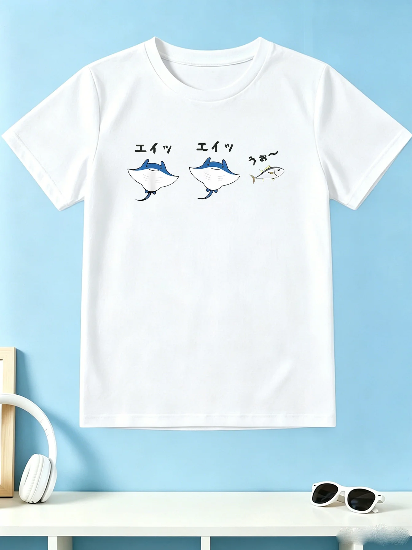 Children T Shirt Lovely Cartoon Manta Rays Fish Japanese Font Marine Creature Print Short Sleeve Soft Cotton Kids Daily Outfit