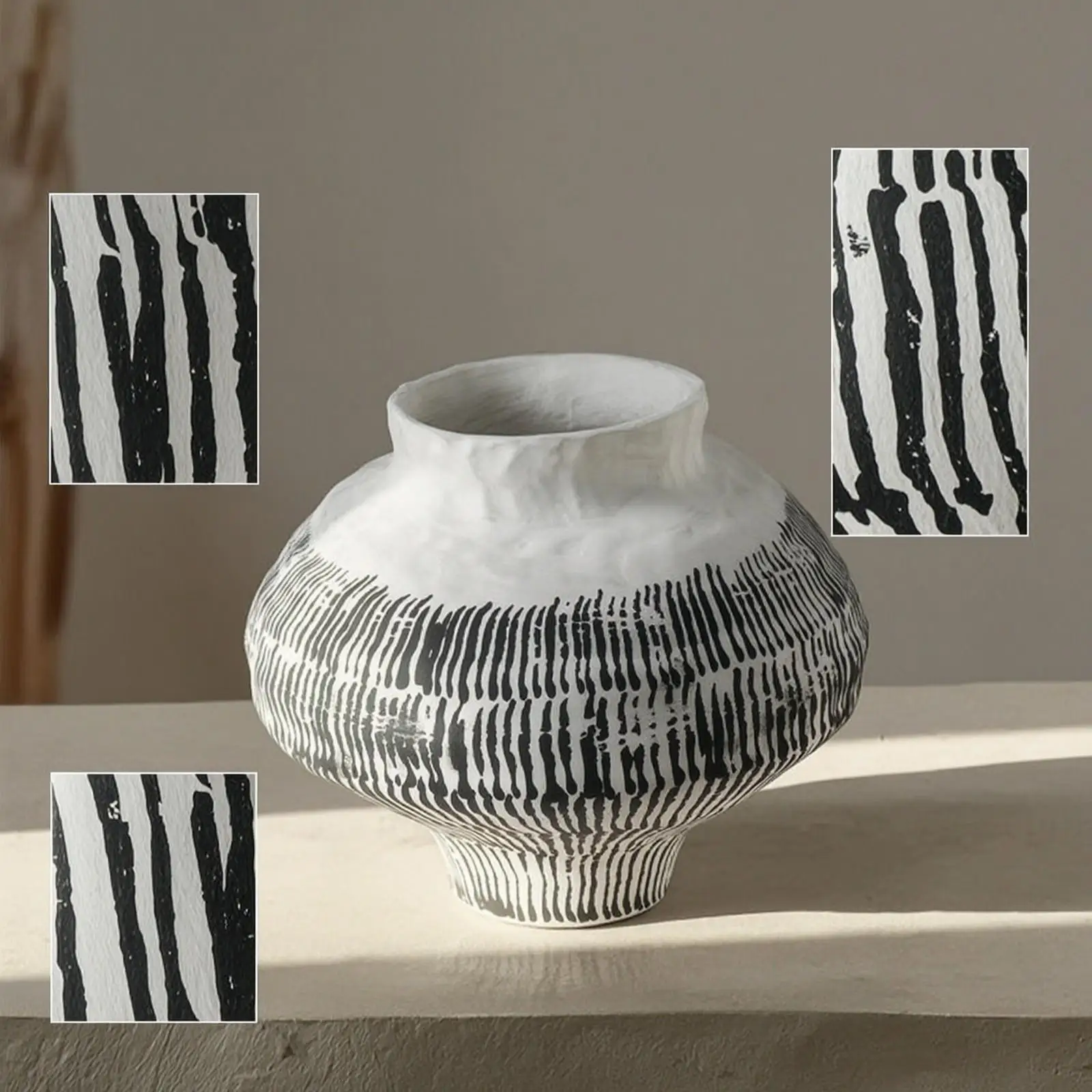 Flat White Ceramic Vase Contrasting Textures Decorative Vase for Mantel Console and Centerpiece Use
