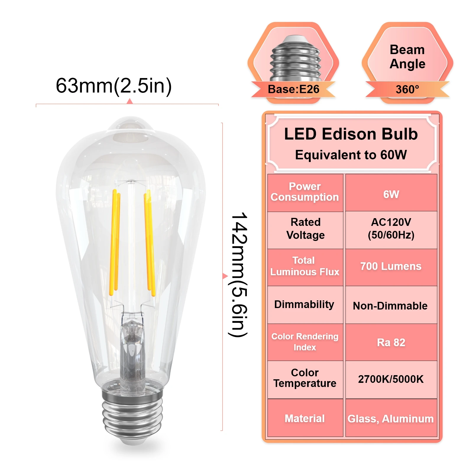 E26 LED ST64 Vintage Light Bulbs AC110V 2700K 5000K 6W 700lm Vintage Light Bulb 6 Pack Ceiling Lamp Living Room Light Fixture