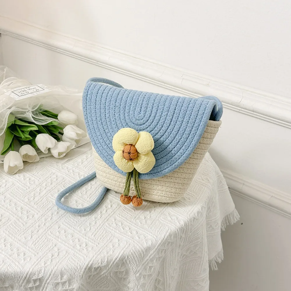 

Simple Flower Weave Straw Bag Cotton Rope Bohemian Style Hollow Bucket Bag Beach Handbag Large Capacity Beach Bag Shopping