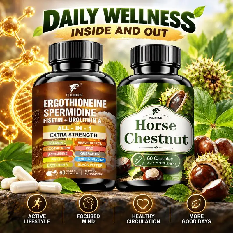 All-In-One Horse Chestnut And Ergothioneine Spermidine Supplement, Featuring Horse Chestnut, Rutin, Urolithin A, Fisetin, Resveratrol, PQQ, Quercetin, And TMG, Daily Support for Leg Wellness, Circulation, Brain Health, Focus, Packaging May Vary