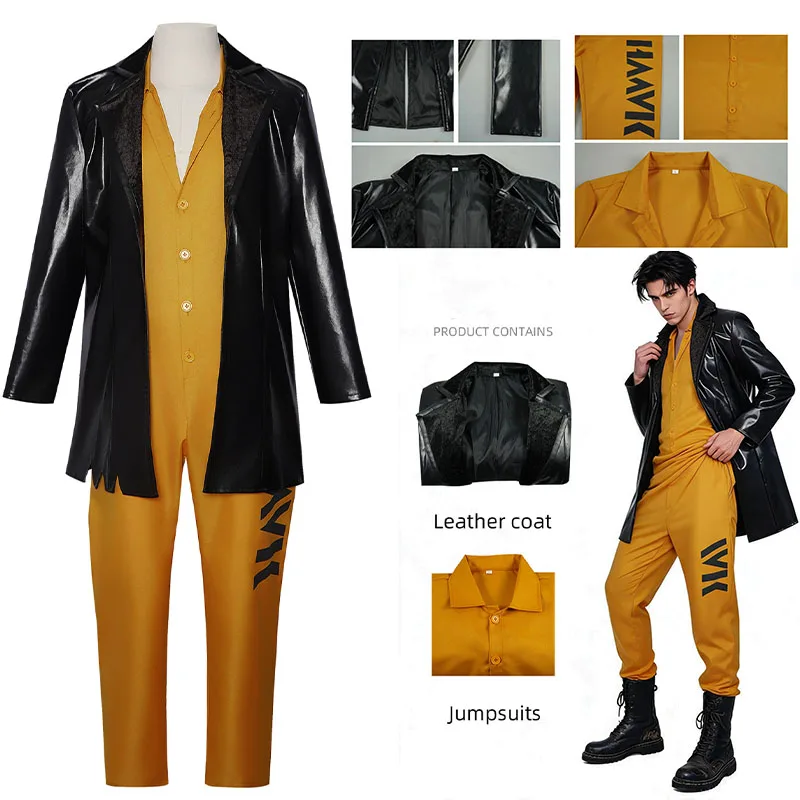 WHH Movie Raven Cosplay Costume Black leather coat and yellow jumpsuit for performance on the stage of a comic convention