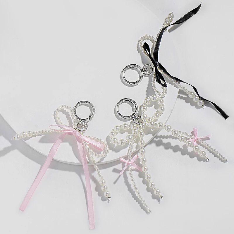 New 1PC Korean Cute Bow Pearl Mobile Phone Pendant Chain Y2K Bag Pendant With Mobile Phone Accessories Camera Bag Keychain