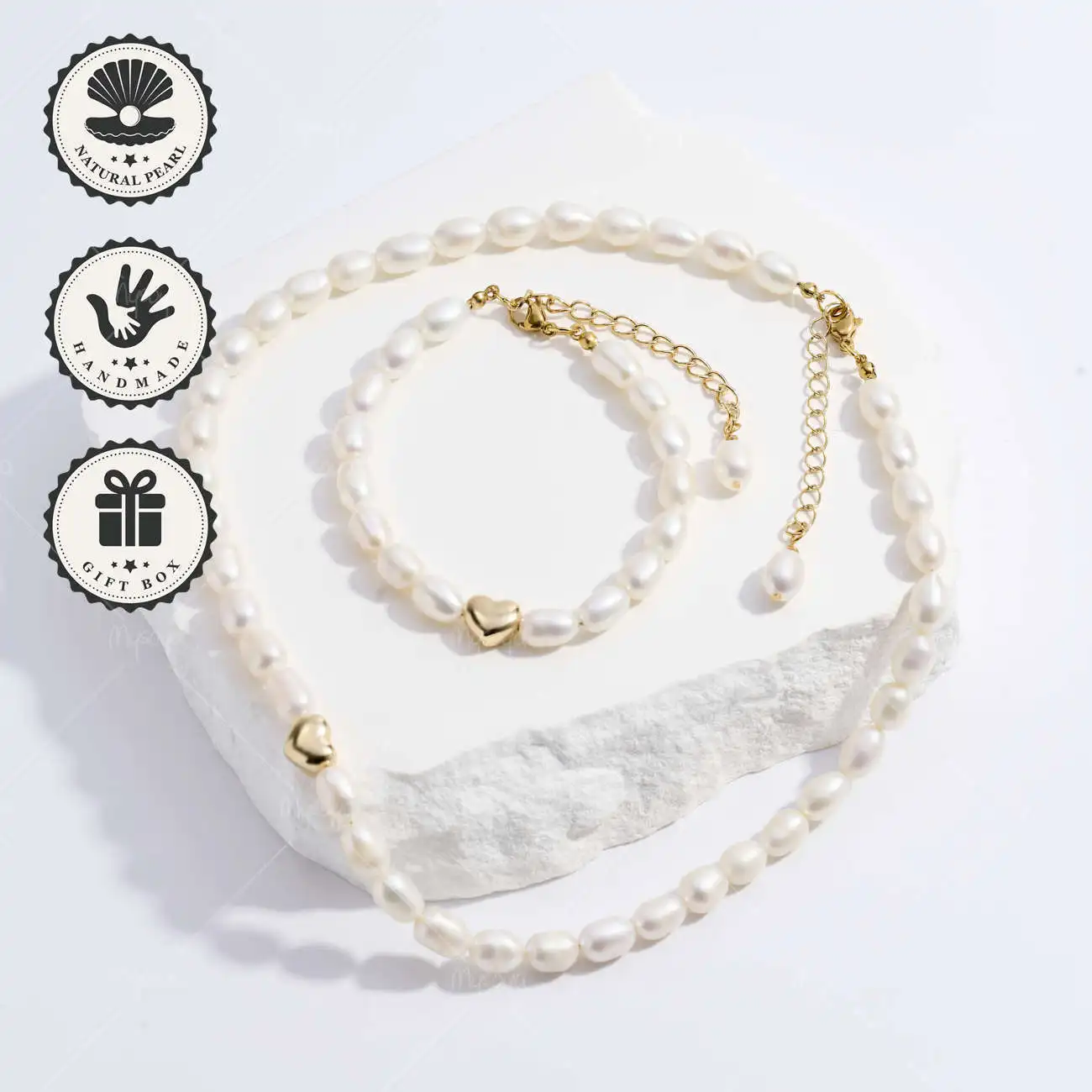 

MYSOYA браслет и ожерелье из натурального белого риса с пресноводным жемчугом, жемчуг 6-7 мм с застежкой в форме сердца, подарочная коробка, подарок на день рождения