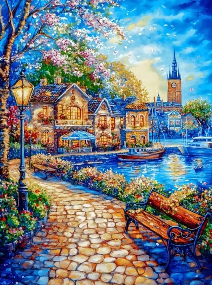 9ct 70x90cm Harbor Town Embroidery DIY Chinese Style Printed Kits Cross Stitch Needlework Home Decor Crafts