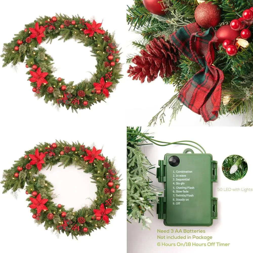 

Рождественская гирлянда с предварительной подсветкой и 50 светодиодными лампами, 9 футов, на батарейках, идеально подходит для камина, лестницы, ковша, в помещении и на открытом воздухе.