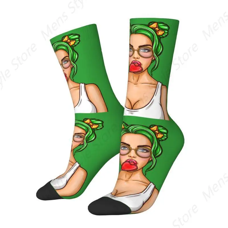 Pop Art Sexy Punk Lady Sucks Lollipop Dress Socks Men's Women's Warm Fashion Novelty Fashion Cartoon Girl Crew Socks