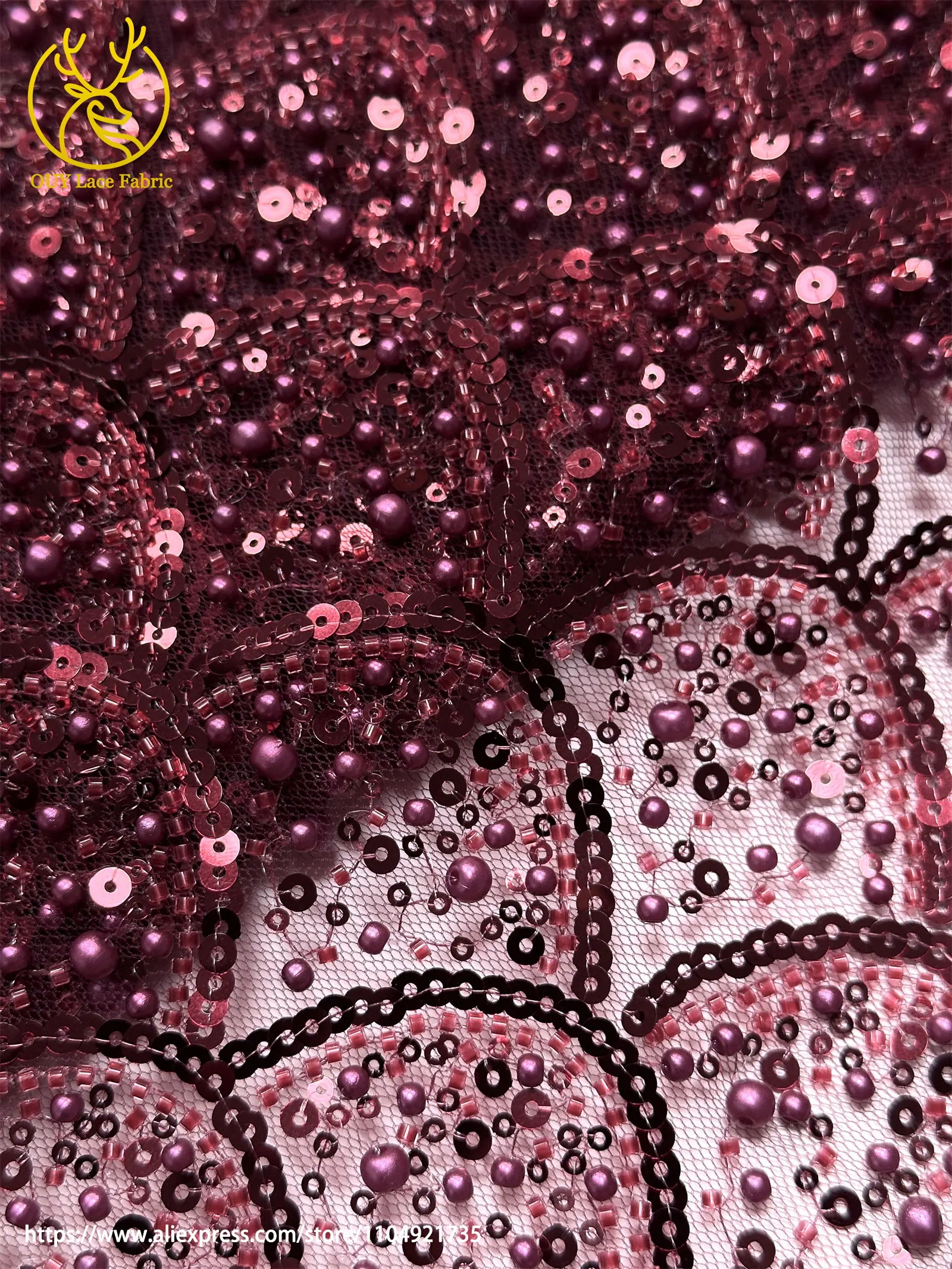 Burgunderroter afrikanischer Perlenstickerei-Mesh-Spitzenstoff, eleganter nigerianischer französischer Pailletten-Tüll-Spitzenstoff für Frauen, Partykleider – Detail 19