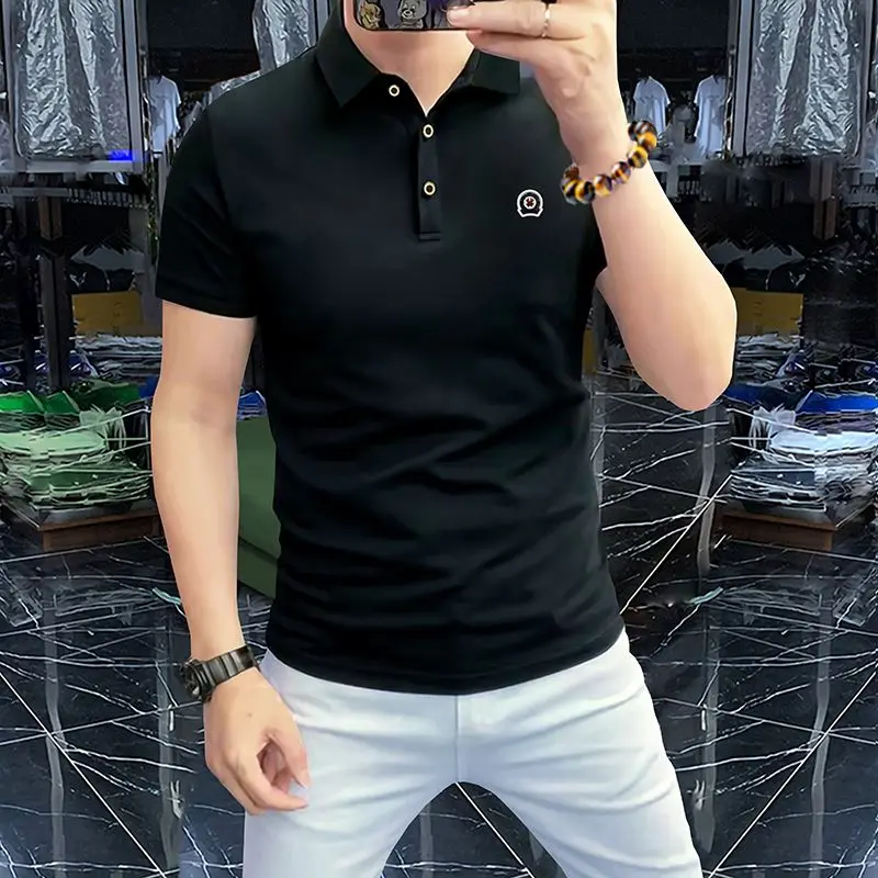 

New Summer Collared Short Sleeve T-Shirt Men Slim Breathable Trendy Handsome Half Sleeve Polo Shirt Top