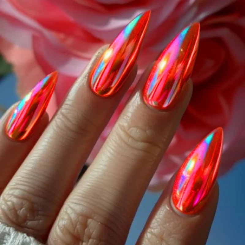 24 pzas Uñas postizas rojas brillantes con efecto ojo de gato, cobertura completa, color nude, forma de almendra, con adornos removibles 3