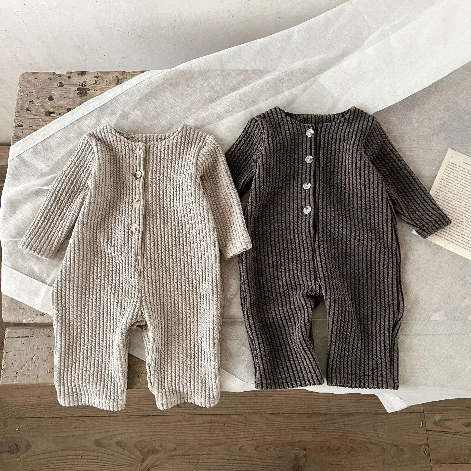 Toddler Spring Simple Solid Ribbed Bodysuit Kids Long Sleeves Jumpsuit Infant Boys Loose Double Pockets High Quality Crawlwear