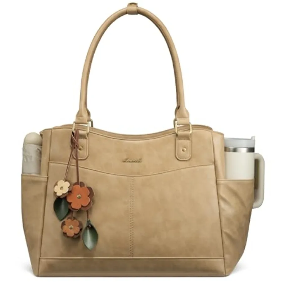 LOVEVOOK Laptop Bag for Women Leather Vintage Work Tote Bag Computer Office Teacher Bag with Large Cup Holder