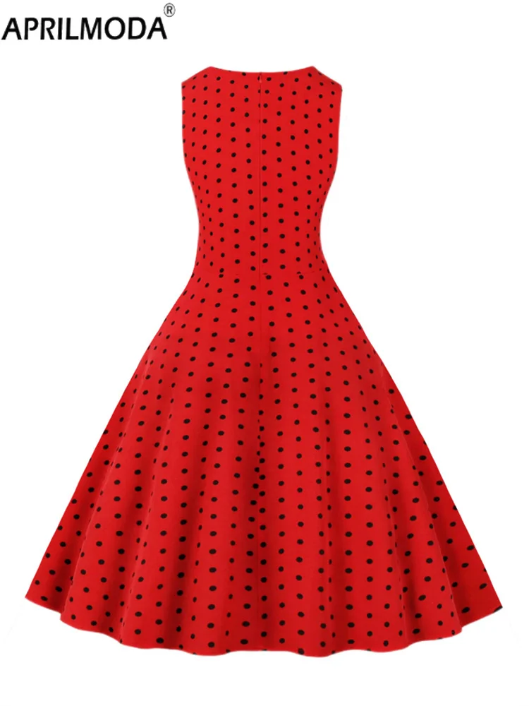 Retro Vintage Swing Flare Tea Dress Dot Print Sleeveless A Line 50s Evening Gowns Red Blue Green Black Runway Midi Party Dress