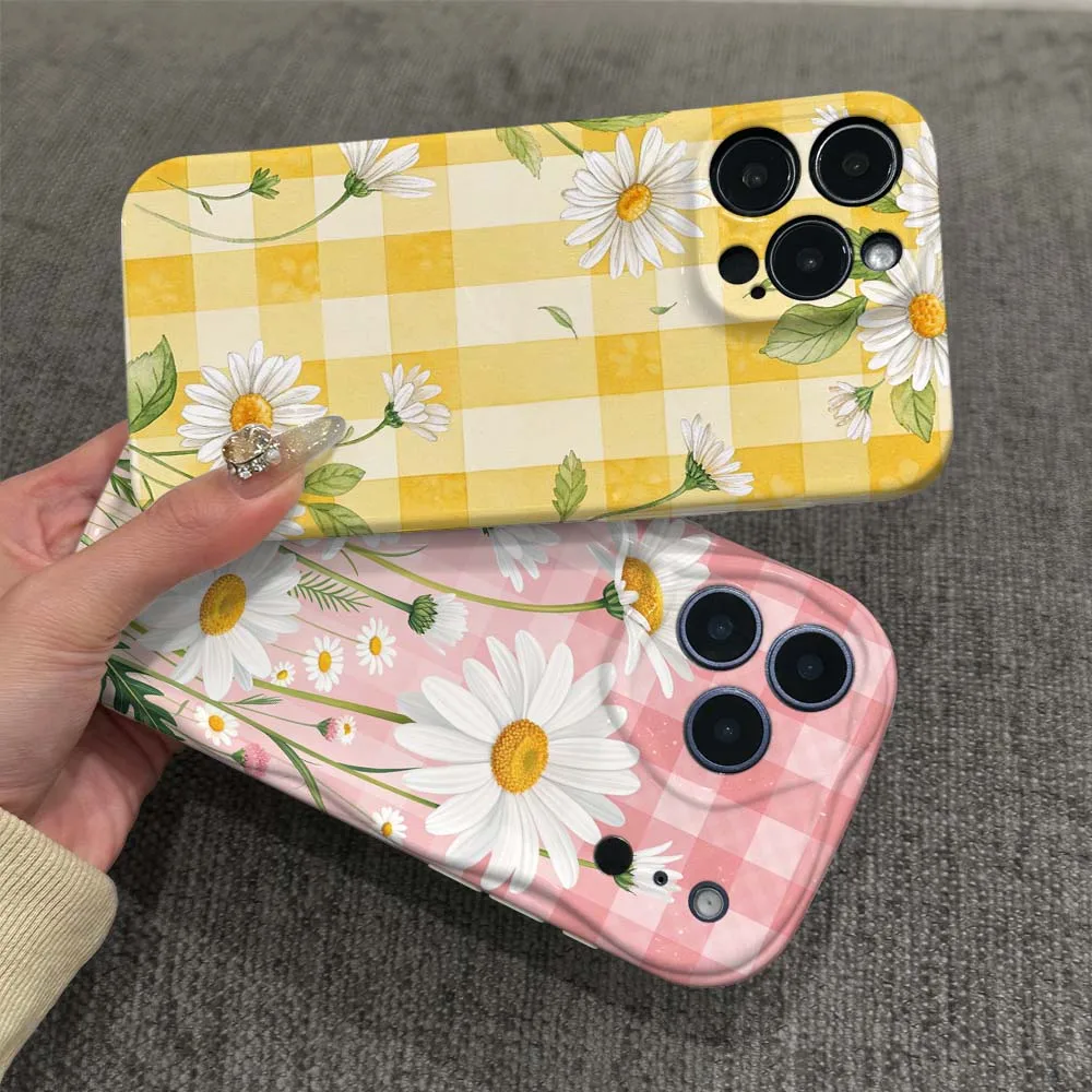 

Pink Checkerboard Daisy Phone Case For Apple iPhone 11 12 13 14 15 16 17 16E Air Plus Pro Max 2022 Wave Oil Film