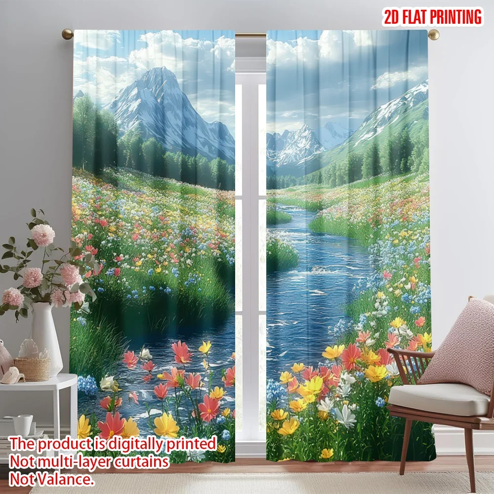 

2D flat printing 2pcs Curtain Mountain Meadow Stream Digital Printed Polyester Drapes Birthday Party Use for Holiday Parties