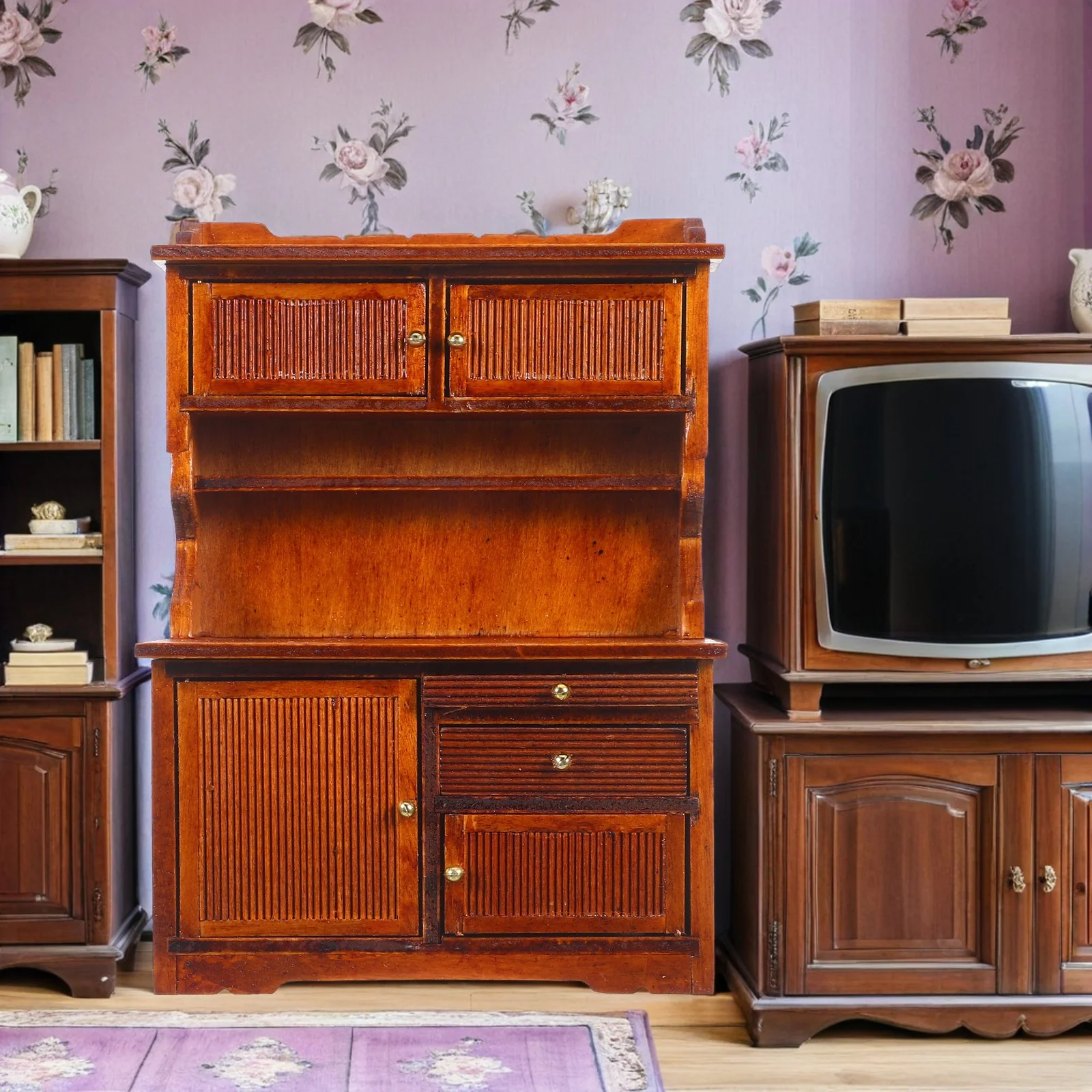 ミニチュア木製本棚 1:12 スケール レトロ農家風ドールハウスキャビネット ダブルドア DIY マイクロランドスケープ収納家具