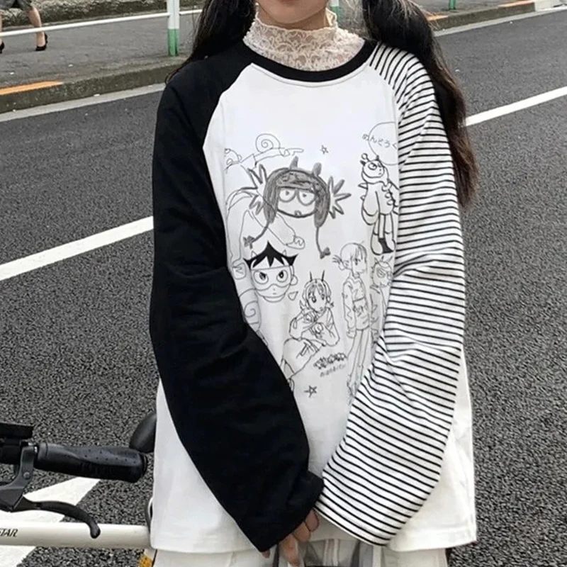 

Japan Anime Subculture Tee Women O Neck Long Sleeve Patchwork T Shirt Harajuku Y2K Street Loose Cartoon Casual Top