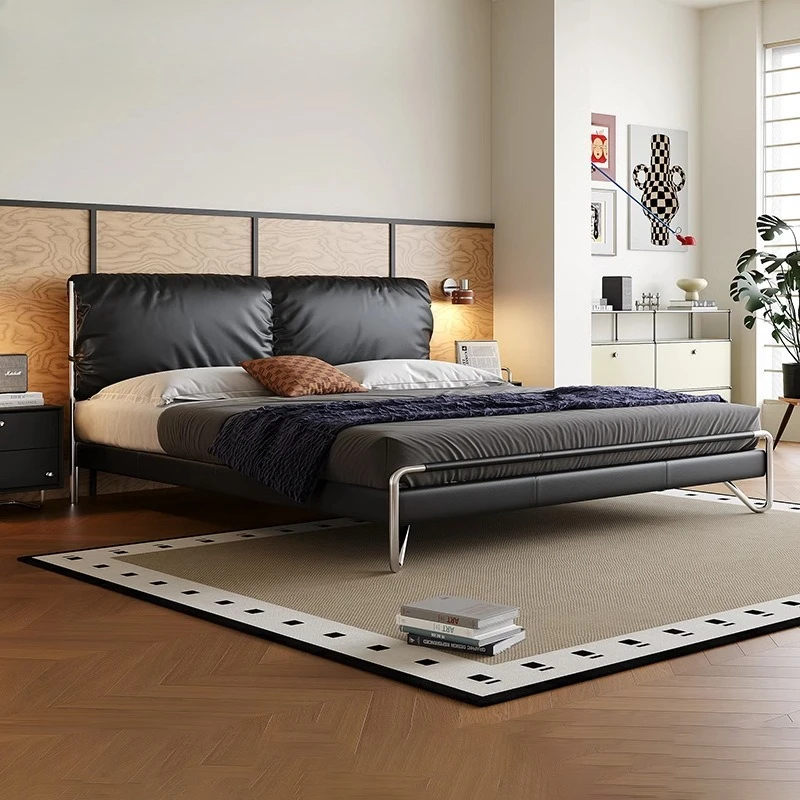 Leather bed retro master bedroom big bed Italian minimalist black soft bag bed