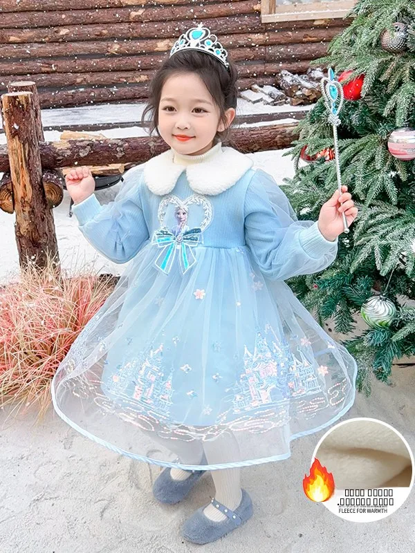 

Новое модное детское платье принцессы Эльзы/Белоснежки на флисовой подкладке для девочек, осенне-зимнее, утепленное