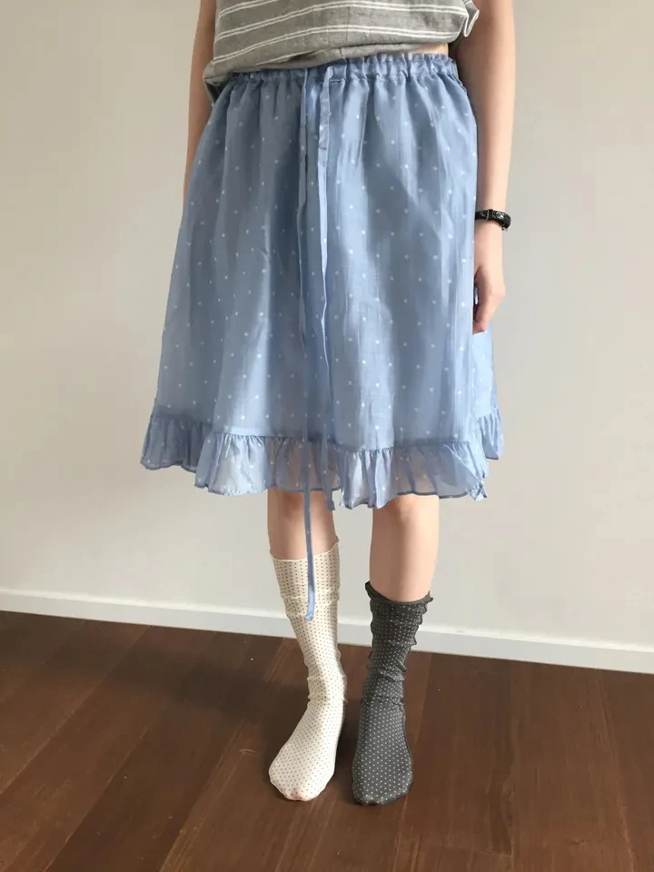 

Retro Glossy Polka Dot Print Ruffle Patchwork Umbrella Skirt Half Length Short Skirt A-Line Loose Fit High Waist Polyester Co...