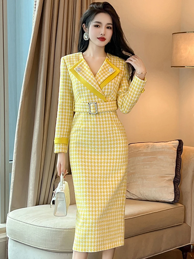 Women\'s Elegant Style Professional Dress Celebrity Yellow Sequins Turn-down Collar Belt Slim Robe Party Business Vestidos Mujer