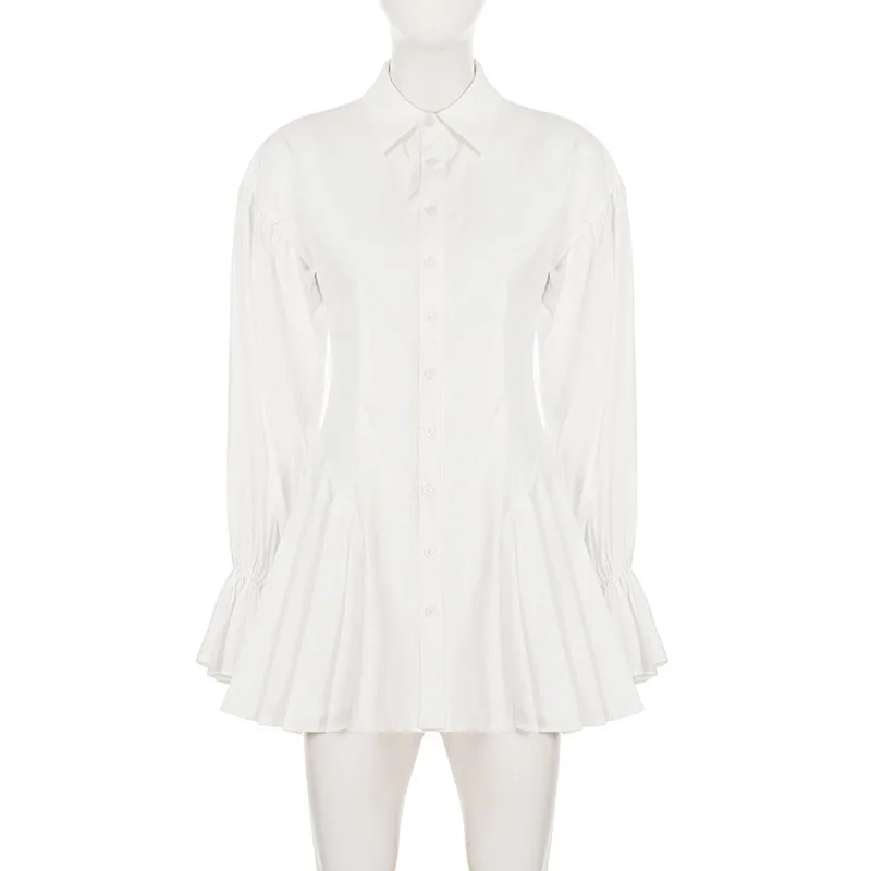 Ticketsx élégant Patchwork simple boutonnage mince chemise robe blanc froncé taille haute à manches longues Mini robe décontracté trajet femmes