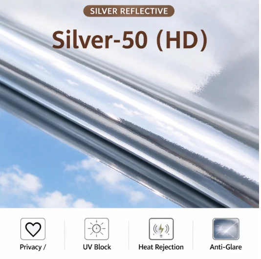 Silver 50 HD Window Film Roll PET Solar Control Anti Glare One Way Privacy Tint Simple DIY Installation For Vehicle House Glass