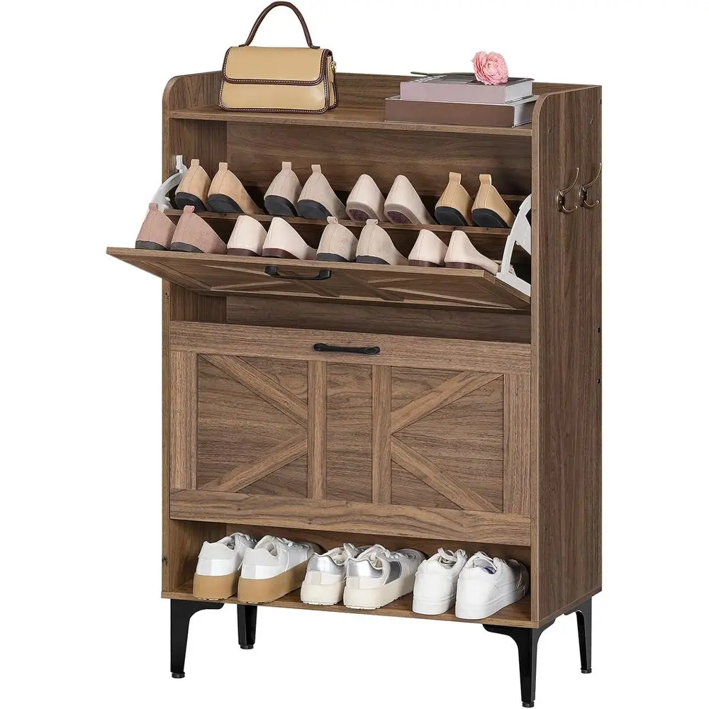 منظم أحذية الجوز قائم بذاته مع درجين ورفوف مفتوحة لتخزين المدخل