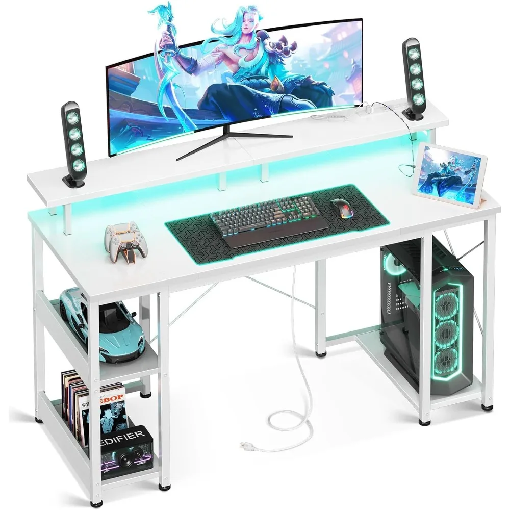 ODK 48 Inch Gaming Desk with LED Lights & Power Outlets, Computer Desk with Monitor Stand & Storage Sheves, CPU Stand