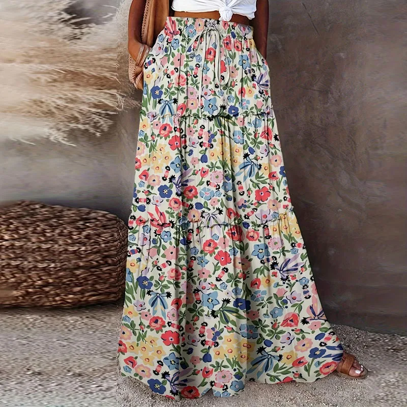 New Summer Women Skirt Europe and America Print Skirts Lace-up Elastic Waist A-LINE Skirt Women Skirts for Women Faldas Q5902