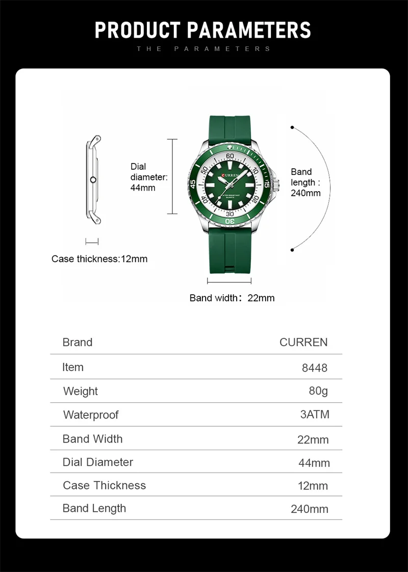 Curren 8448 Unisex Quarzuhr, Outdoor Wasserdichte Leuchtende Runde Armbanduhr mit Silikonarmband – Detail 3