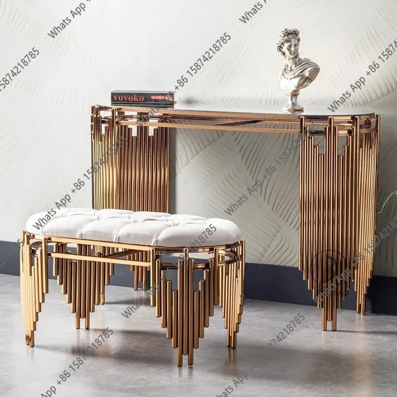 W Light Luxury Stainless Steel Titanium Gold Entrance Table Tempered Glass Hotel Living Room Marble Sun Mirror Entrance Table
