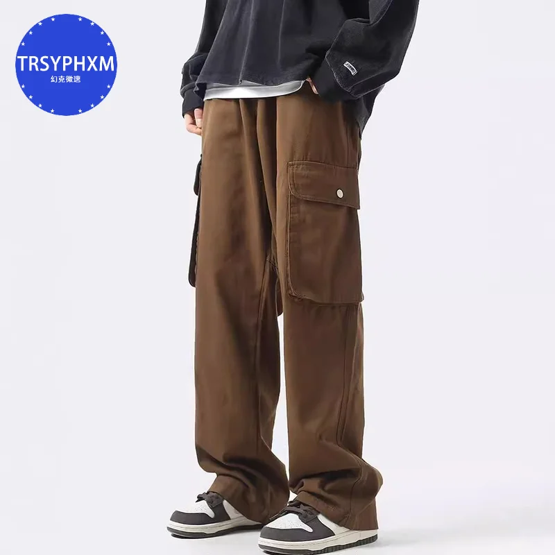 

TRSYPHXM 2024 new Brown work pants Men's summer new wide -leg casual pants high street multi -pocket straight pants