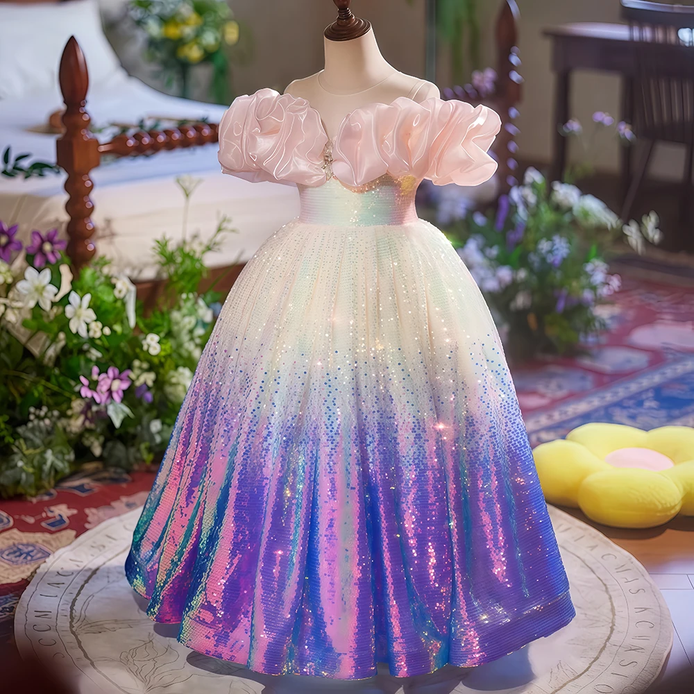 فساتين مسابقة الجمال أرجواني فاخرة مطرزة بالخرز، فستان سهرة رسمي رائع للأميرة للأطفال لحفلات الزفاف وأعياد الميلاد والعشاء