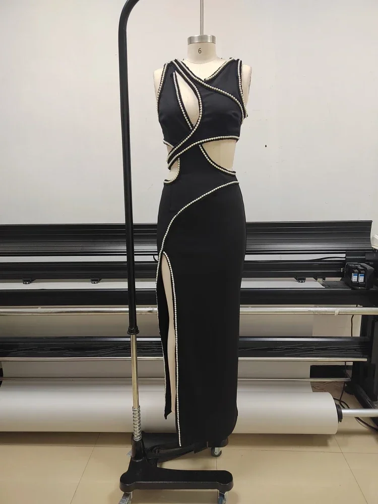 Sexy Sleeveless Cutout Lace Beading Long Dress Women Black V Neck Pearl Side Slit Bodycon Dresses Evening Party Celebrity Gowns