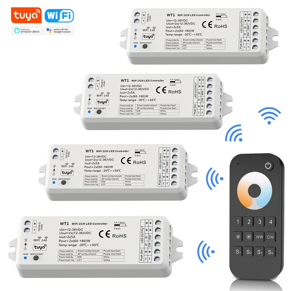 Tuya Wifi LED Controller WW CW CCT Controller WT1 Dimmer DC 12V 24V 36V 2.4G RF Wireless Remote Dimming Switch for Alexa Google