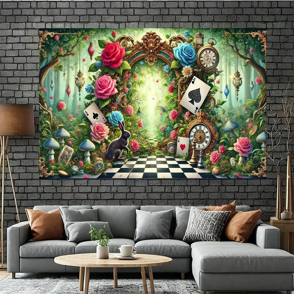 Enchanted Forest Tapestry Wall Hanging Room Decor Fantasy Wonderland Clocks Flowers Alice Home Art