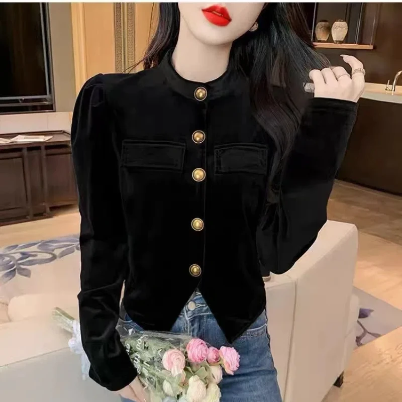 Irregular Solid Color Base Shirt 2024 Autumn Winter Korean Version Slim High Waisted Short Style Stand Up Velvet Trendy Shirt