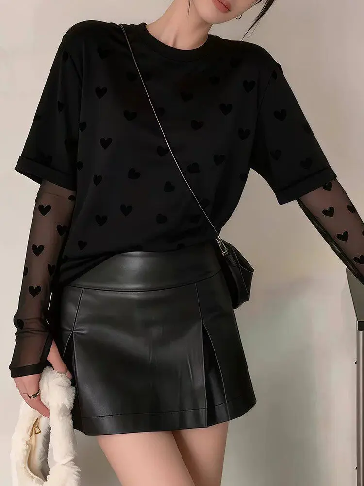 Black Thin Long Sleeve T-Shirt Women Summer New Loose Artistic Heart round Neck Mesh Top Korean Style Cotton Blend UV Protection