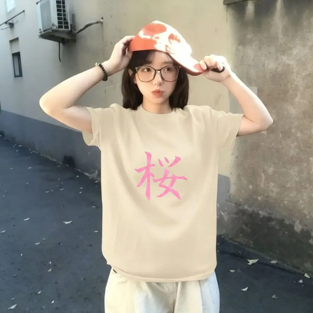 Japanese Cherry Blossom Graphic T-Shirt Women Summer Short Sleeve Pink Kanji Print Harajuku Aesthetic Female Tops Free Shipping