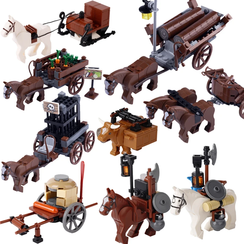 Medieval MOC Castle Soldier Figures Building Blocks Mount White Lion Armor War Horse Carriage Transport Ox Dragon Toys Gift K149