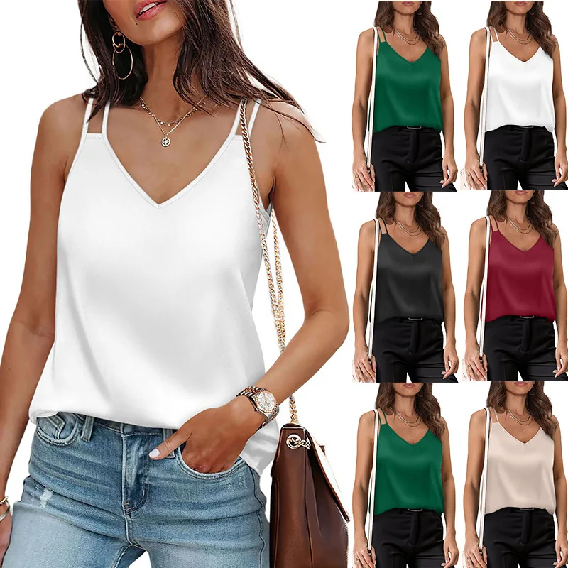 

Women's 2024 Summer New Solid Color V-Neck Strap Tank Loose T-Shirt Top