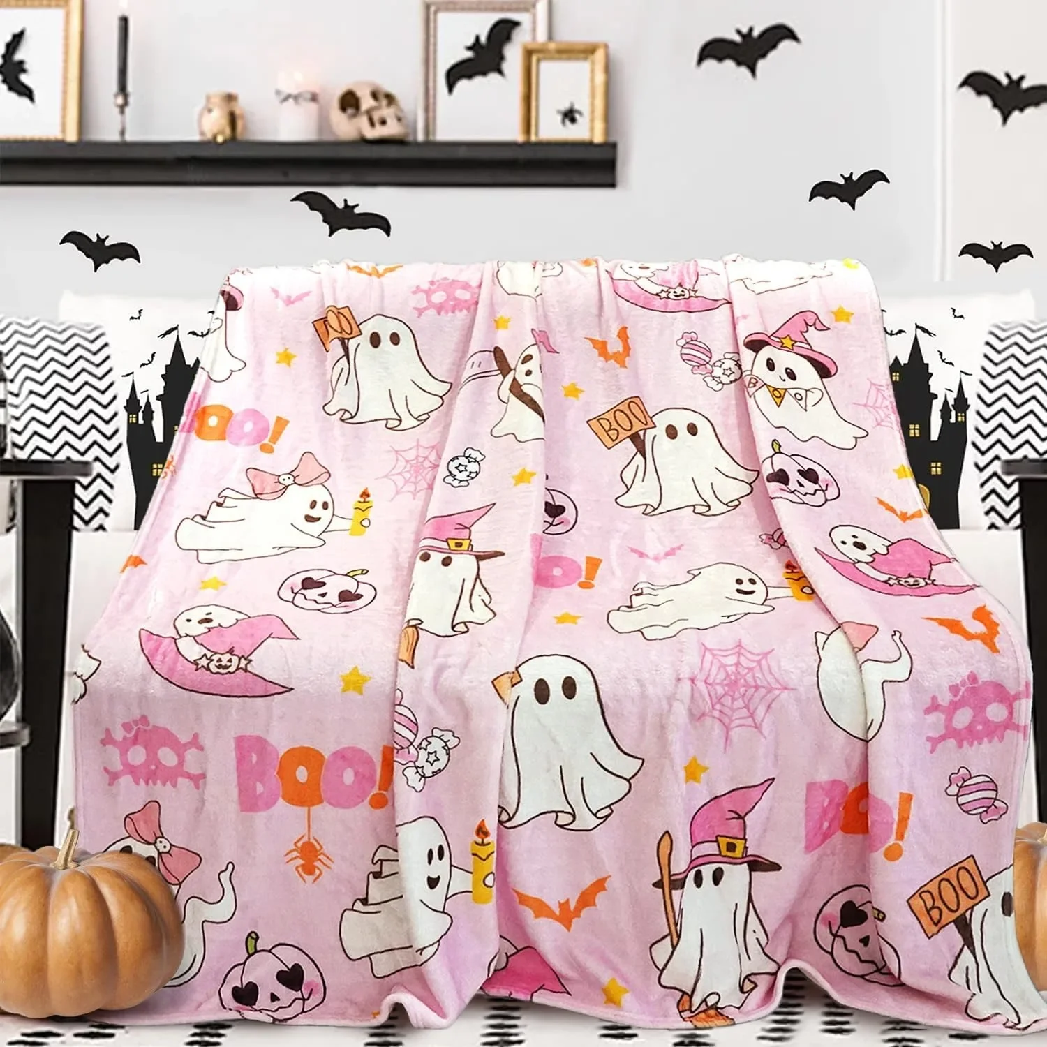 1PC Halloween Theme Throw Blanket Cute Ghost Boo Lovely pink Thin Blanket Gifts for Couch Bed Car Home Camping all season use